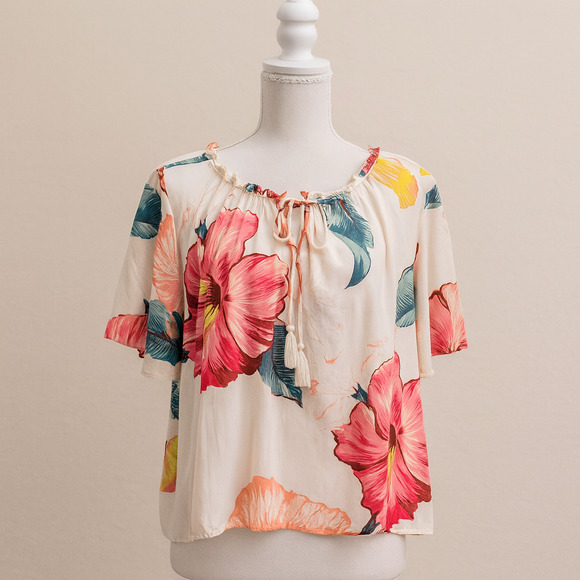 Farm Rio XL Boho Floral Blouse Top Statement Summer Resort Vacay Hibiscus Beach - Picture 1 of 9